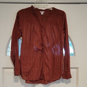 Womens Button-Front Rust Ruffle Trim Blouse